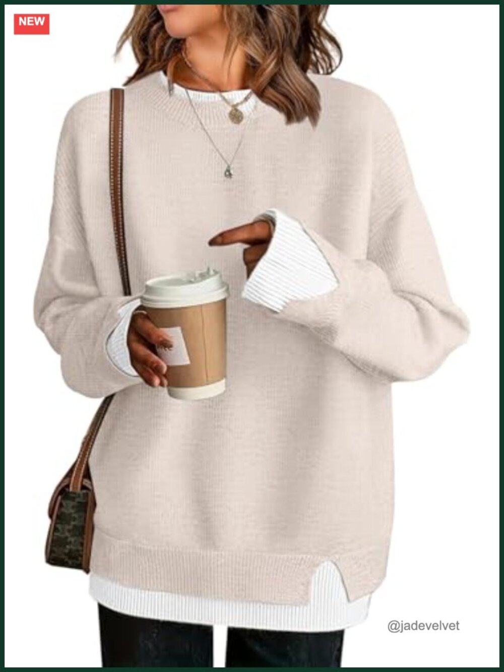 Oversized Patchwork Sweater Knit Crew Neck Pullover Drop Shoulder